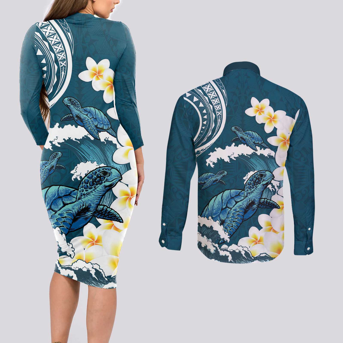 Dark Teal Polynesia Couples Matching Long Sleeve Bodycon Dress and Long Sleeve Button Shirt Polynesian Frangipani With Sea Turtles