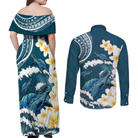 Dark Teal Polynesia Couples Matching Off Shoulder Maxi Dress and Long Sleeve Button Shirt Polynesian Frangipani With Sea Turtles