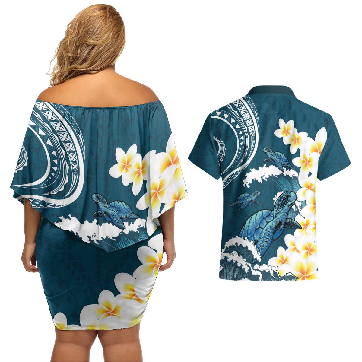 Dark Teal Polynesia Couples Matching Off Shoulder Short Dress and Hawaiian Shirt Polynesian Frangipani With Sea Turtles