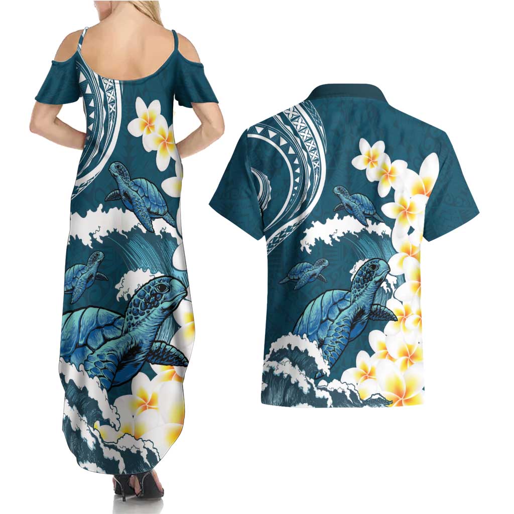 Dark Teal Polynesia Couples Matching Summer Maxi Dress and Hawaiian Shirt Polynesian Frangipani With Sea Turtles