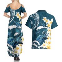 Dark Teal Polynesia Couples Matching Summer Maxi Dress and Hawaiian Shirt Polynesian Frangipani With Sea Turtles