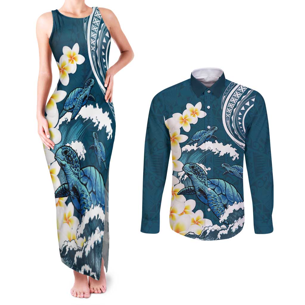 Dark Teal Polynesia Couples Matching Tank Maxi Dress and Long Sleeve Button Shirt Polynesian Frangipani With Sea Turtles
