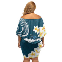 Dark Teal Polynesia Family Matching Off Shoulder Short Dress and Hawaiian Shirt Polynesian Frangipani With Sea Turtles