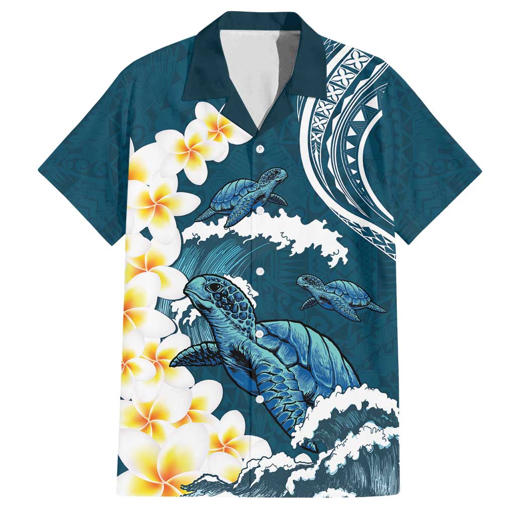 Dark Teal Polynesia Family Matching Tank Maxi Dress and Hawaiian Shirt Polynesian Frangipani With Sea Turtles