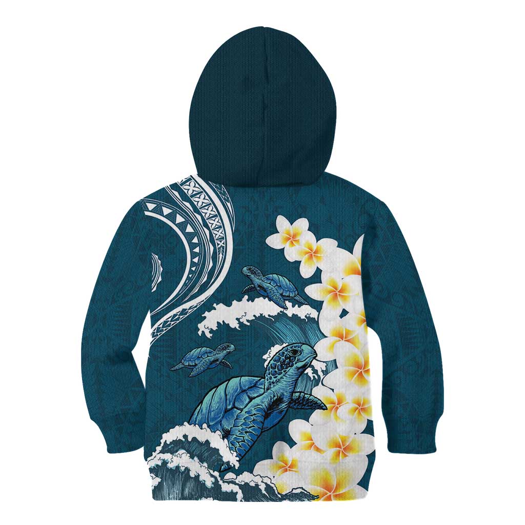 Dark Teal Polynesia Kid Hoodie Polynesian Frangipani With Sea Turtles