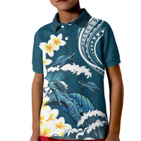 Dark Teal Polynesia Kid Polo Shirt Polynesian Frangipani With Sea Turtles