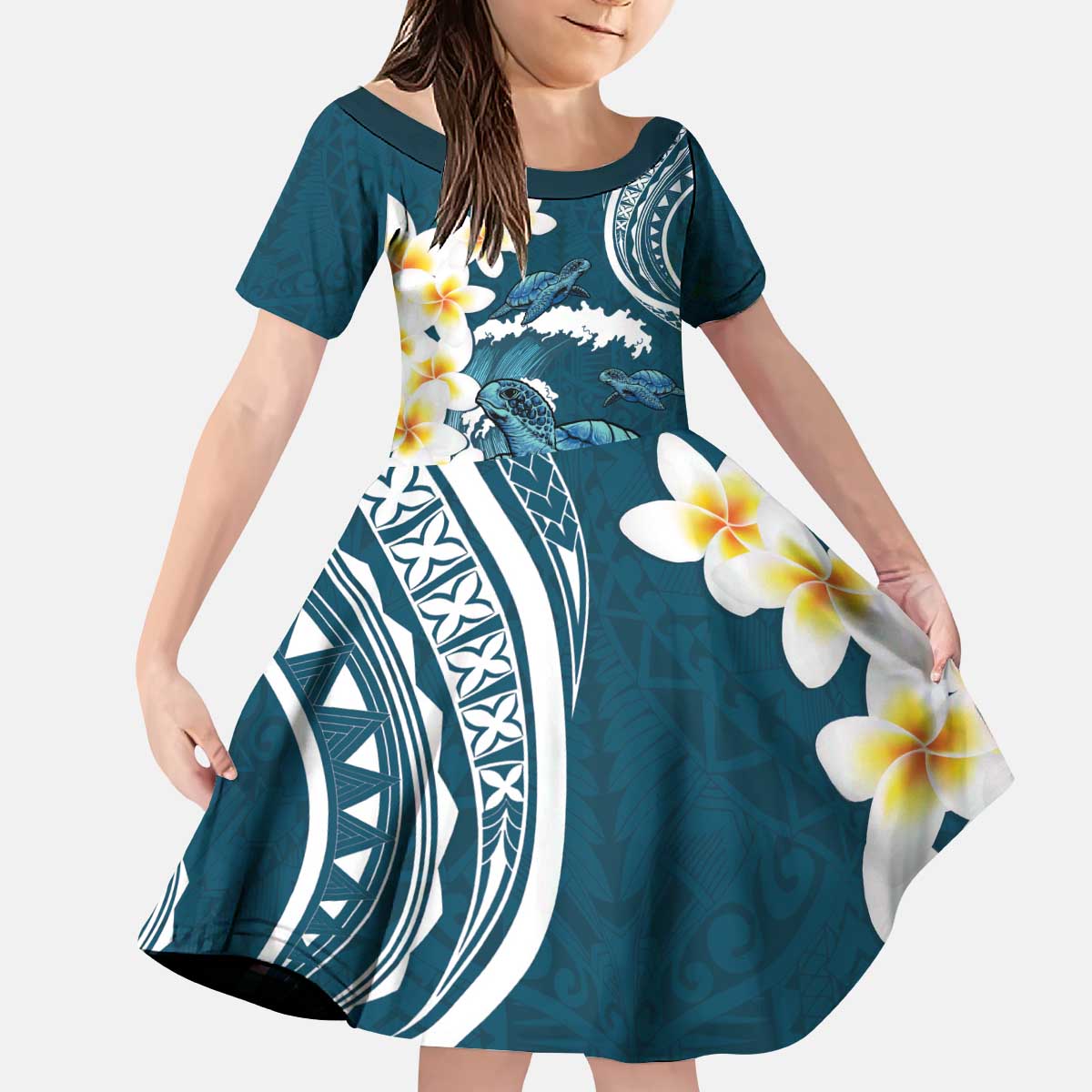 Dark Teal Polynesia Kid Short Sleeve Dress Polynesian Frangipani With Sea Turtles