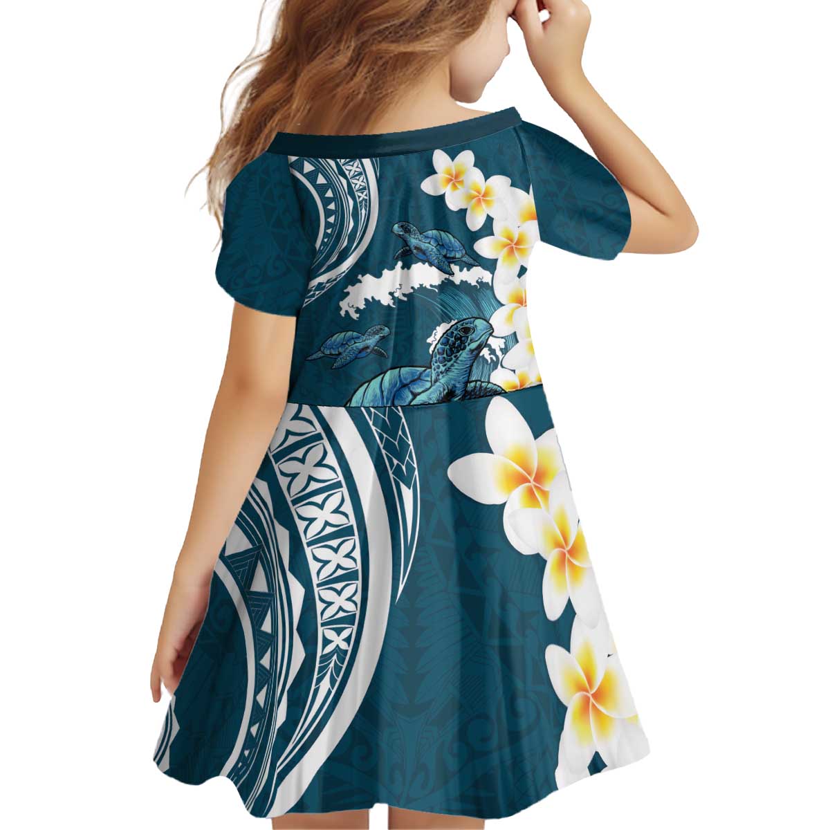 Dark Teal Polynesia Kid Short Sleeve Dress Polynesian Frangipani With Sea Turtles