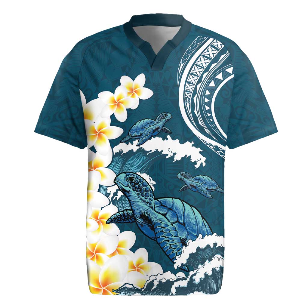 Dark Teal Polynesia Rugby Jersey Polynesian Frangipani With Sea Turtles