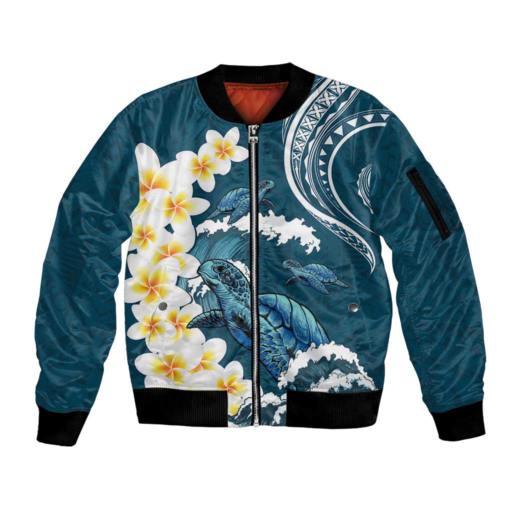 Dark Teal Polynesia Sleeve Zip Bomber Jacket Polynesian Frangipani With Sea Turtles