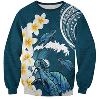 Dark Teal Polynesia Sweatshirt Polynesian Frangipani With Sea Turtles