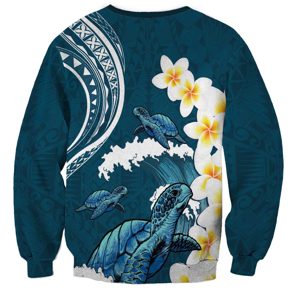 Dark Teal Polynesia Sweatshirt Polynesian Frangipani With Sea Turtles