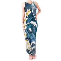 Dark Teal Polynesia Tank Maxi Dress Polynesian Frangipani With Sea Turtles