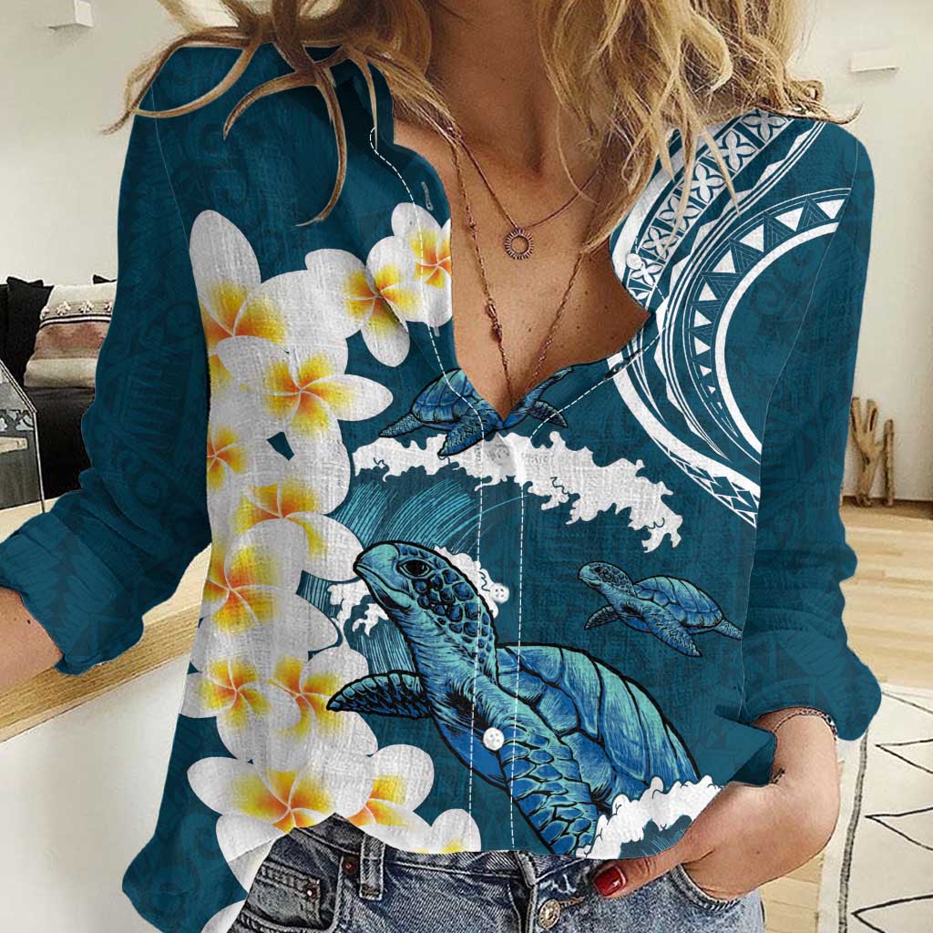 Dark Teal Polynesia Women Casual Shirt Polynesian Frangipani With Sea Turtles