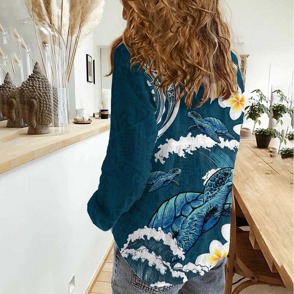 Dark Teal Polynesia Women Casual Shirt Polynesian Frangipani With Sea Turtles