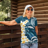 Dark Teal Polynesia Women Polo Shirt Polynesian Frangipani With Sea Turtles