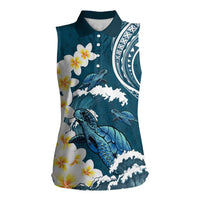 Dark Teal Polynesia Women Sleeveless Polo Shirt Polynesian Frangipani With Sea Turtles