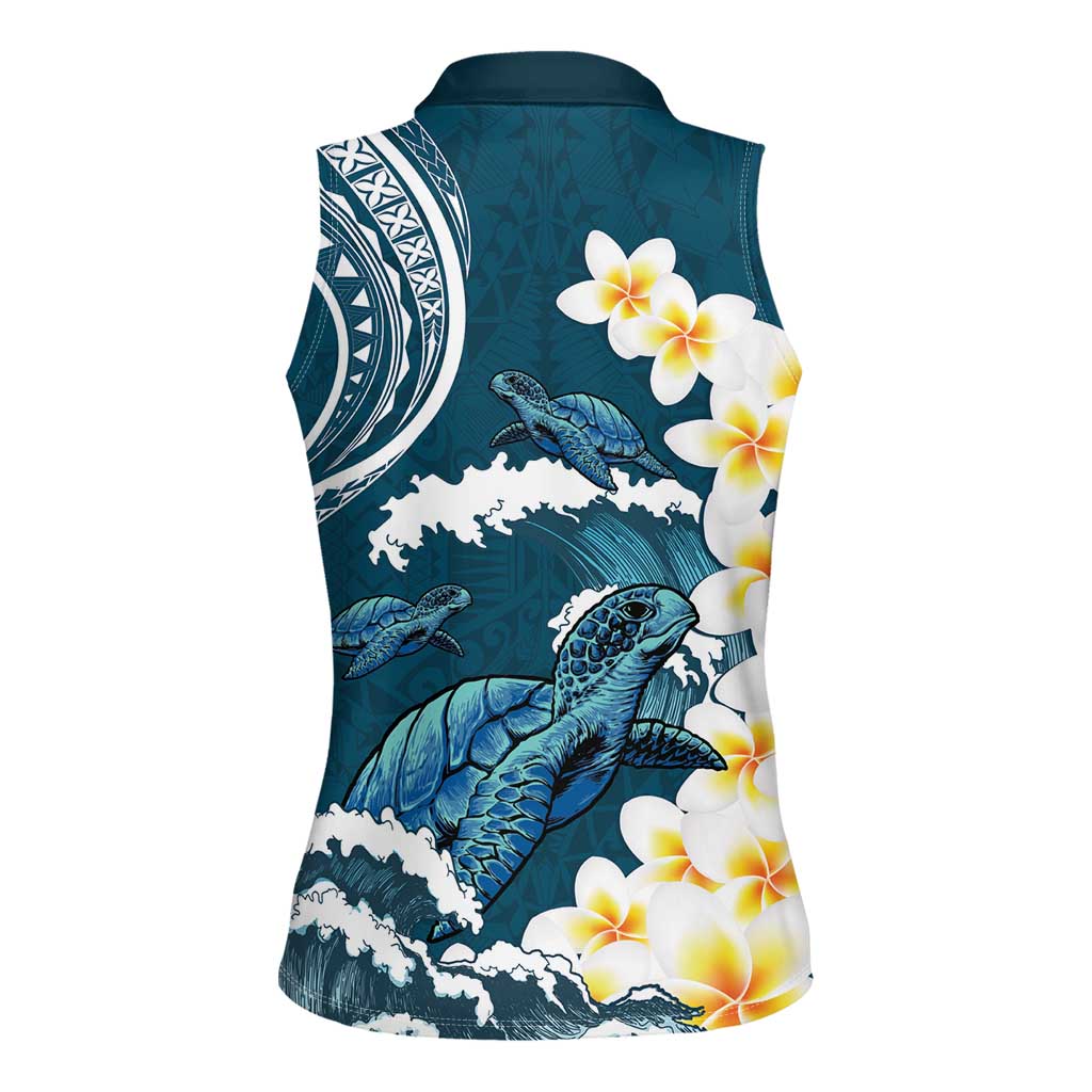 Dark Teal Polynesia Women Sleeveless Polo Shirt Polynesian Frangipani With Sea Turtles
