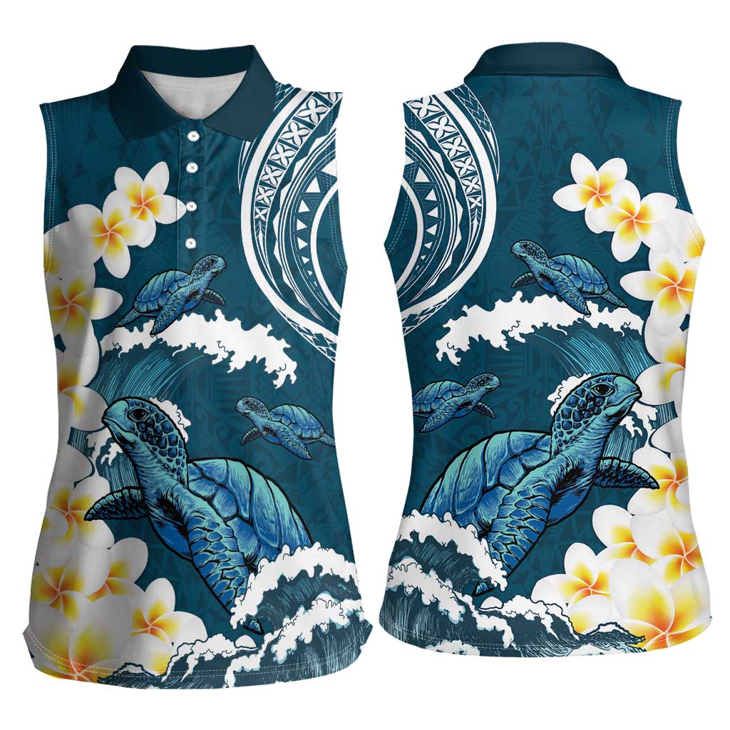 Dark Teal Polynesia Women Sleeveless Polo Shirt Polynesian Frangipani With Sea Turtles