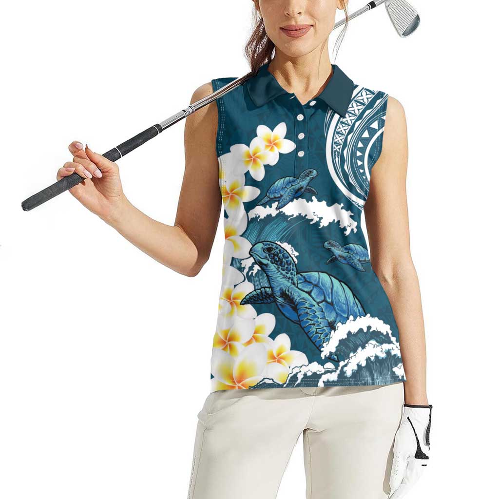 Dark Teal Polynesia Women Sleeveless Polo Shirt Polynesian Frangipani With Sea Turtles