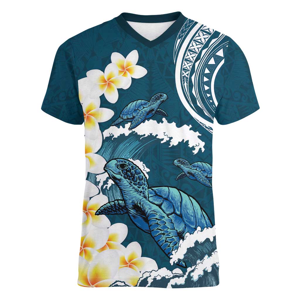 Dark Teal Polynesia Women V-Neck T-Shirt Polynesian Frangipani With Sea Turtles