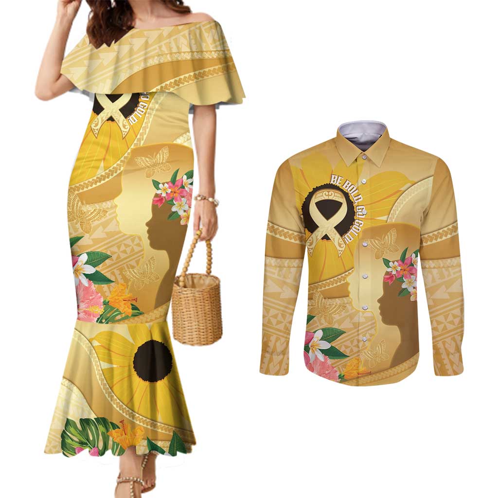 Polynesia Childhood Cancer Awareness Couples Matching Mermaid Dress and Long Sleeve Button Shirt Be Bold Go Gold Polynesian Art