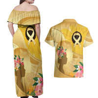 Polynesia Childhood Cancer Awareness Couples Matching Off Shoulder Maxi Dress and Hawaiian Shirt Be Bold Go Gold Polynesian Art