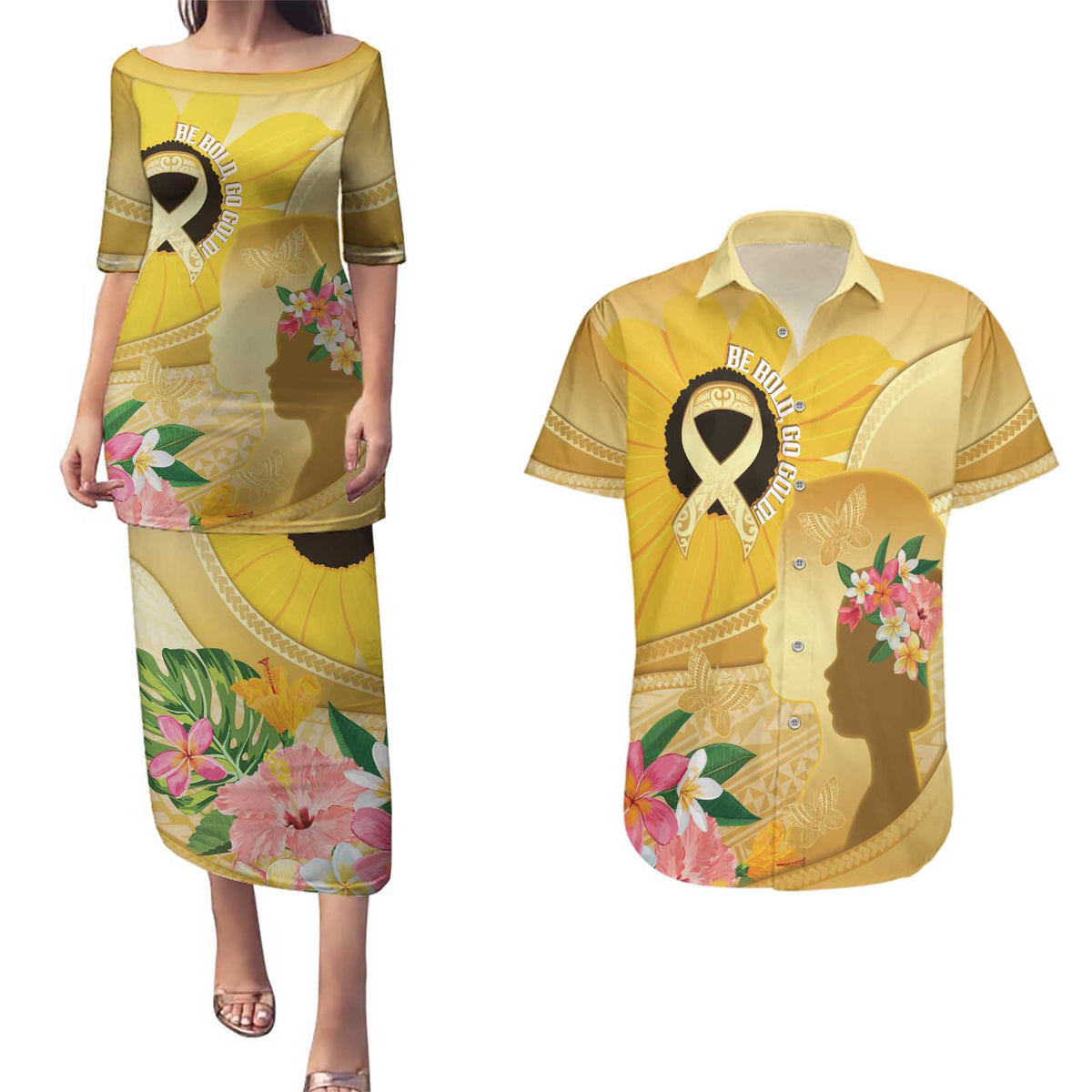 Polynesia Childhood Cancer Awareness Couples Matching Puletasi and Hawaiian Shirt Be Bold Go Gold Polynesian Art