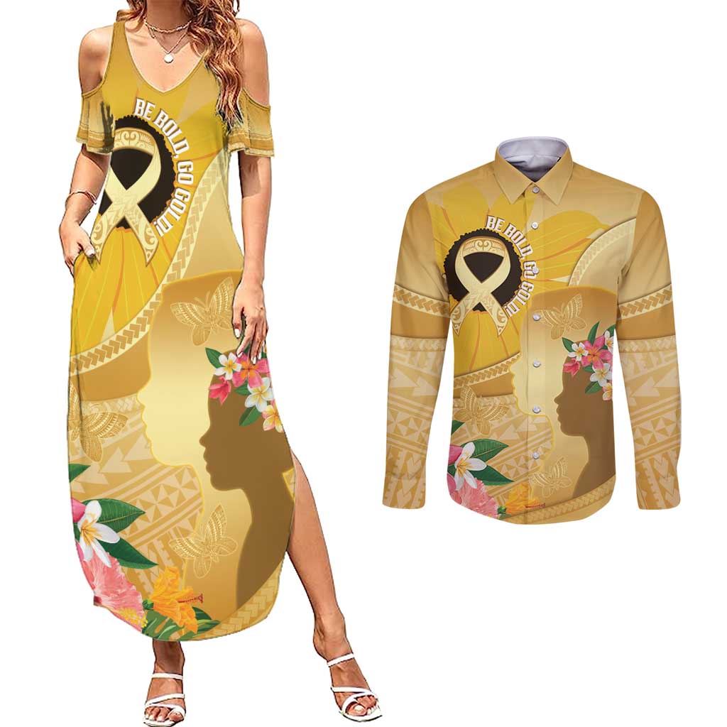 Polynesia Childhood Cancer Awareness Couples Matching Summer Maxi Dress and Long Sleeve Button Shirt Be Bold Go Gold Polynesian Art