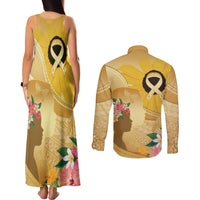 Polynesia Childhood Cancer Awareness Couples Matching Tank Maxi Dress and Long Sleeve Button Shirt Be Bold Go Gold Polynesian Art
