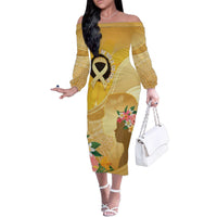 Polynesia Childhood Cancer Awareness Family Matching Off The Shoulder Long Sleeve Dress and Hawaiian Shirt Be Bold Go Gold Polynesian Art