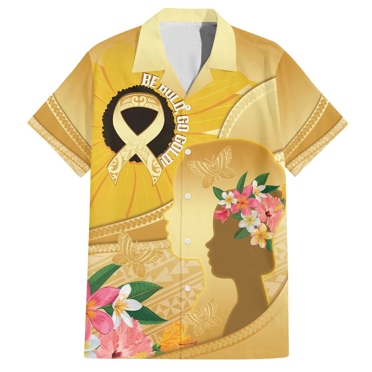 Polynesia Childhood Cancer Awareness Family Matching Puletasi and Hawaiian Shirt Be Bold Go Gold Polynesian Art