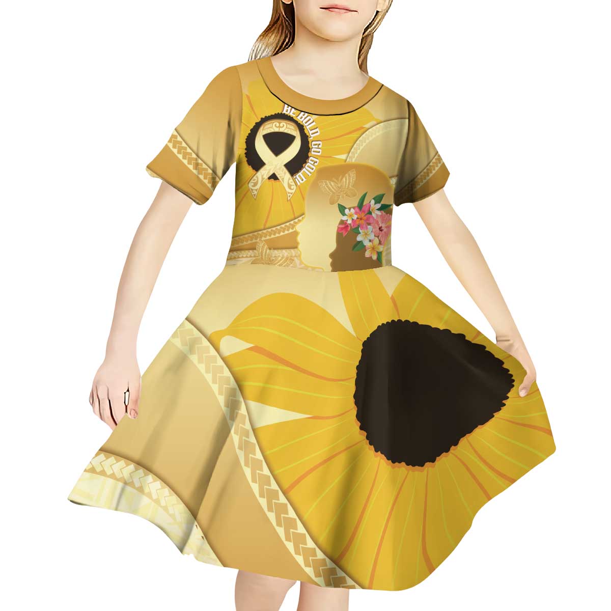 Polynesia Childhood Cancer Awareness Kid Short Sleeve Dress Be Bold Go Gold Polynesian Art
