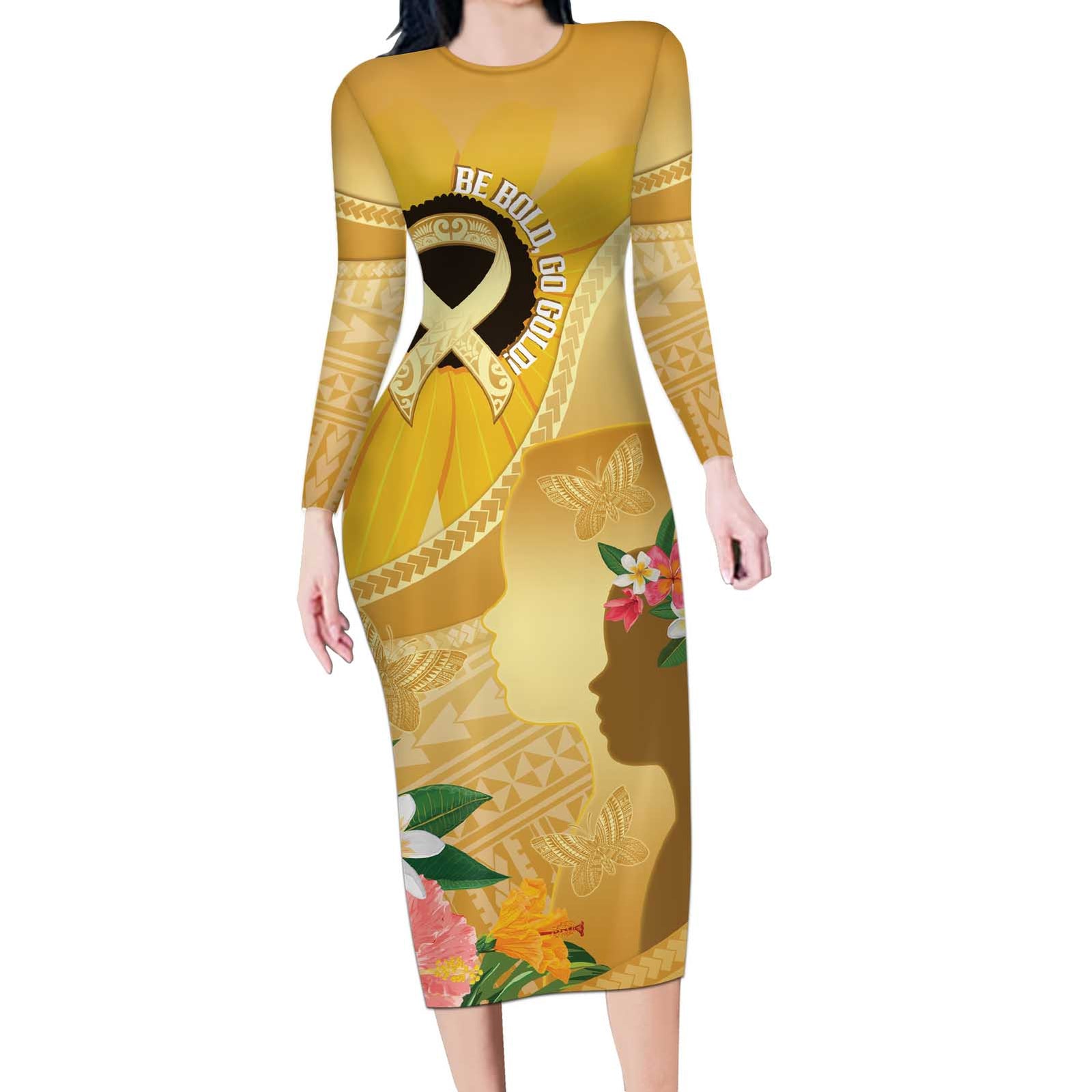 Polynesia Childhood Cancer Awareness Long Sleeve Bodycon Dress Be Bold Go Gold Polynesian Art LT14 Long Dress Gold - Polynesian Pride