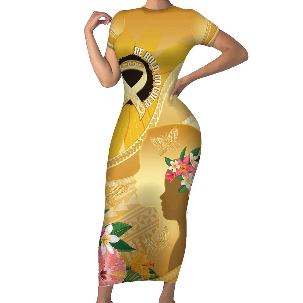 Polynesia Childhood Cancer Awareness Short Sleeve Bodycon Dress Be Bold Go Gold Polynesian Art LT14 Long Dress Gold - Polynesian Pride