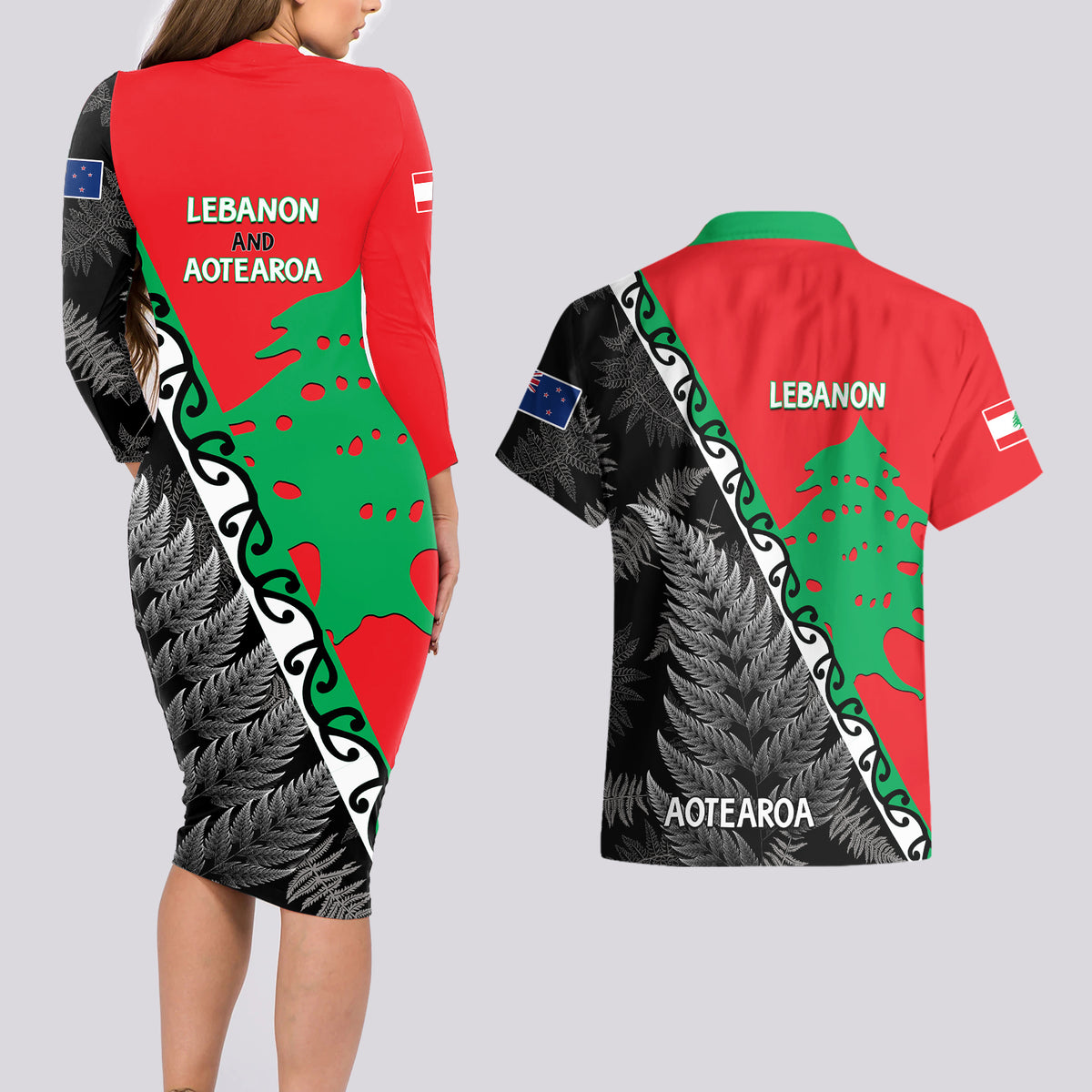 New Zealand And Lebanon Couples Matching Long Sleeve Bodycon Dress and Hawaiian Shirt Silver Fern Maori With Cedar Tree Together LT14 - Polynesian Pride
