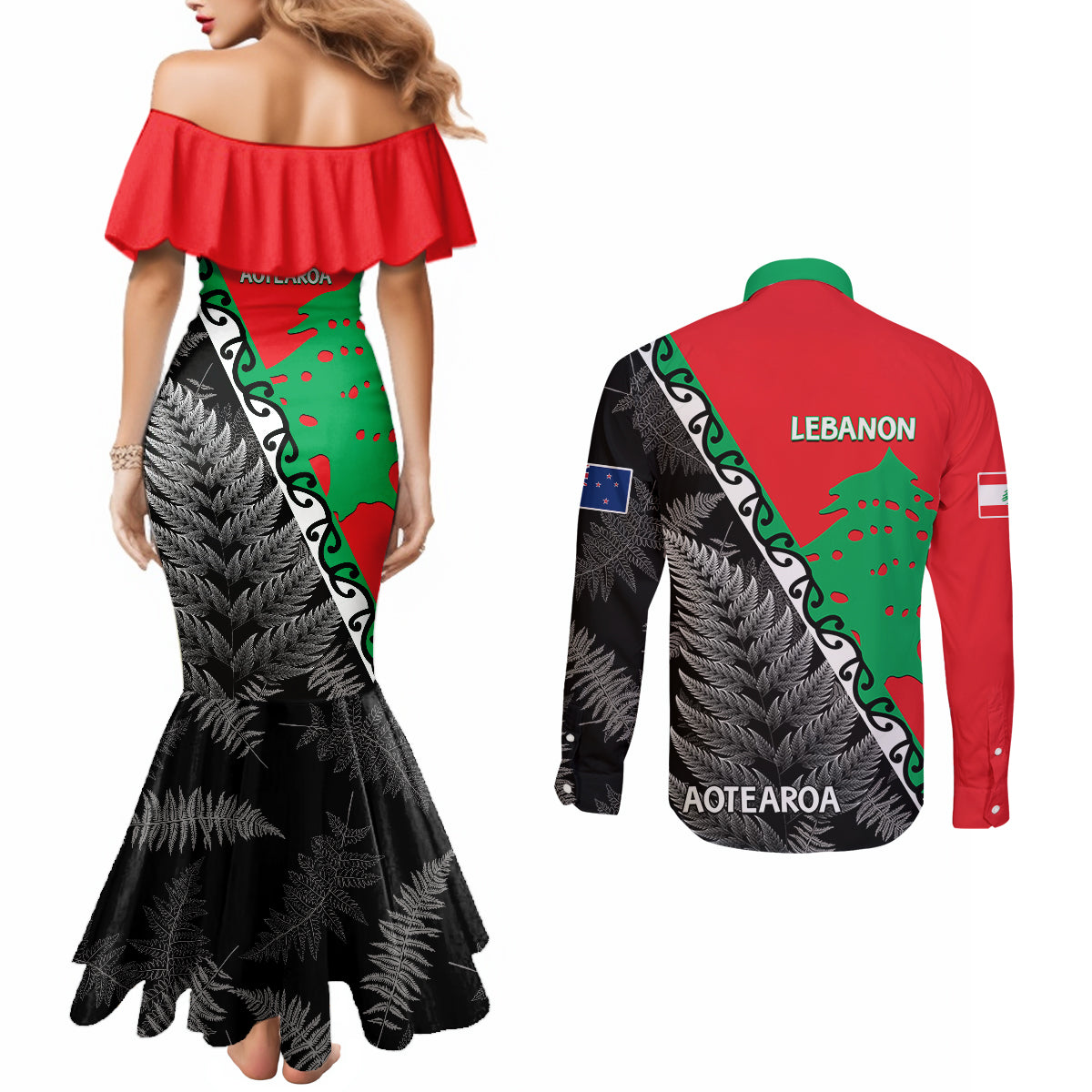 New Zealand And Lebanon Couples Matching Mermaid Dress and Long Sleeve Button Shirts Silver Fern Maori With Cedar Tree Together LT14 - Polynesian Pride