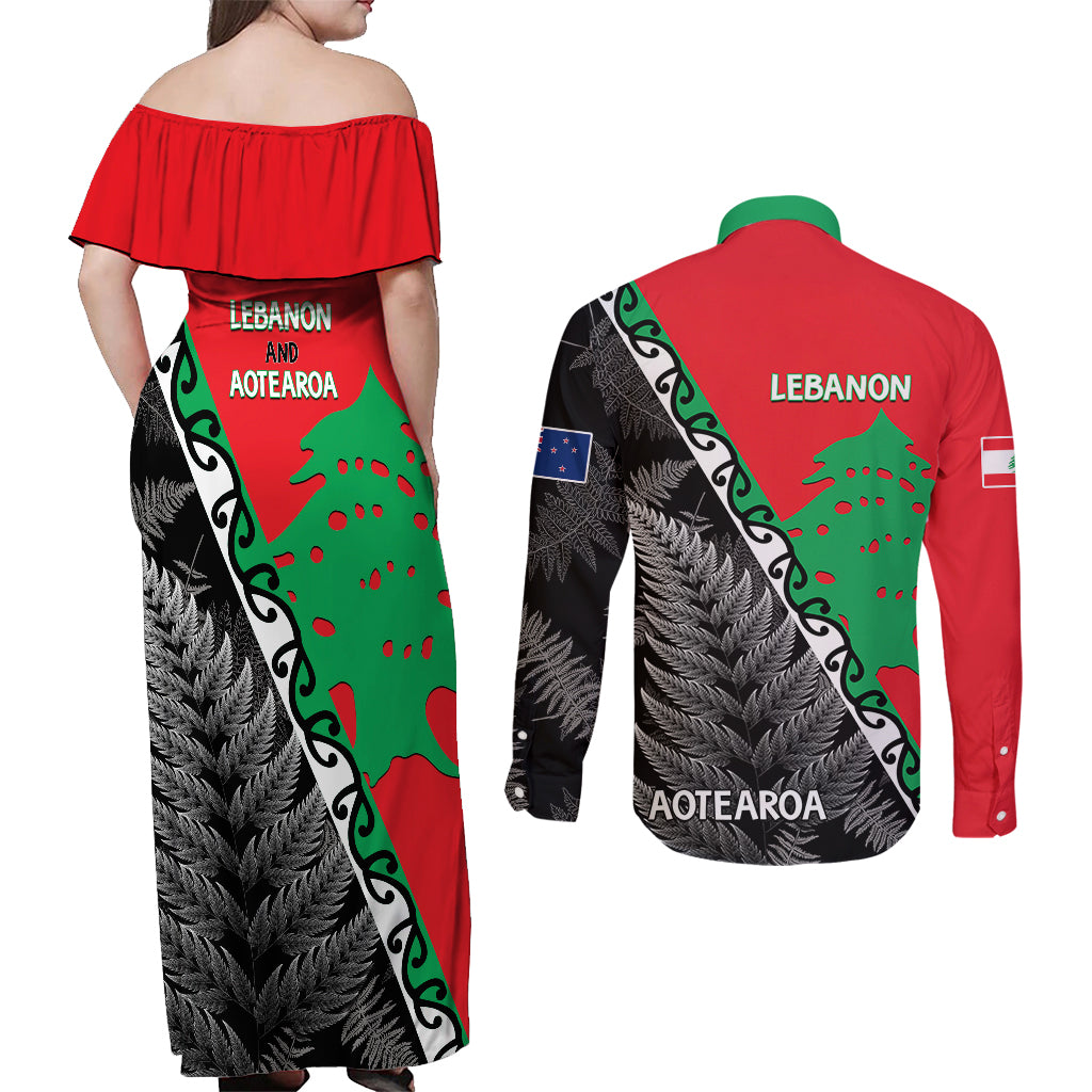 New Zealand And Lebanon Couples Matching Off Shoulder Maxi Dress and Long Sleeve Button Shirts Silver Fern Maori With Cedar Tree Together LT14 - Polynesian Pride
