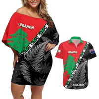 New Zealand And Lebanon Couples Matching Off Shoulder Short Dress and Hawaiian Shirt Silver Fern Maori With Cedar Tree Together LT14 Red - Polynesian Pride