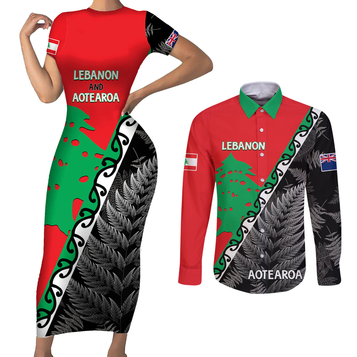 New Zealand And Lebanon Couples Matching Short Sleeve Bodycon Dress and Long Sleeve Button Shirts Silver Fern Maori With Cedar Tree Together LT14 Red - Polynesian Pride
