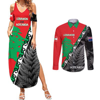 New Zealand And Lebanon Couples Matching Summer Maxi Dress and Long Sleeve Button Shirts Silver Fern Maori With Cedar Tree Together LT14 Red - Polynesian Pride