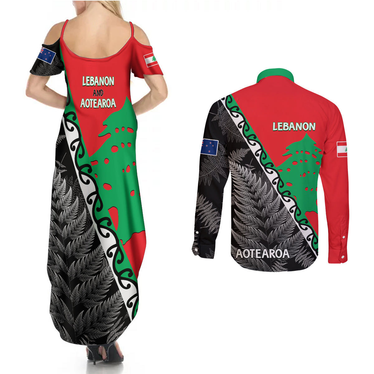 New Zealand And Lebanon Couples Matching Summer Maxi Dress and Long Sleeve Button Shirts Silver Fern Maori With Cedar Tree Together LT14 - Polynesian Pride