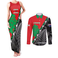 New Zealand And Lebanon Couples Matching Tank Maxi Dress and Long Sleeve Button Shirts Silver Fern Maori With Cedar Tree Together LT14 Red - Polynesian Pride