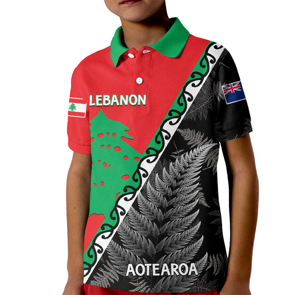 New Zealand And Lebanon Kid Polo Shirt Silver Fern Maori With Cedar Tree Together LT14 Kid Red - Polynesian Pride
