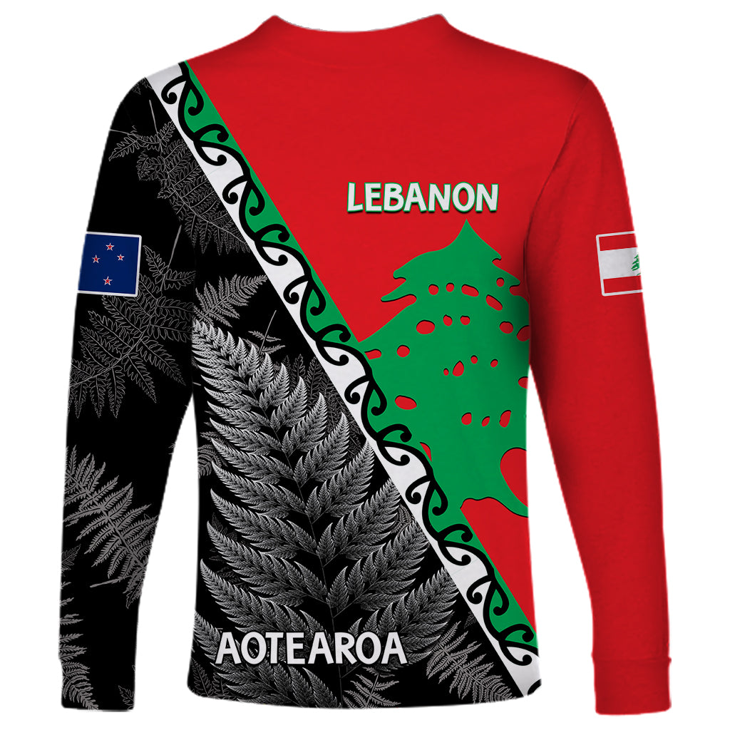 New Zealand And Lebanon Long Sleeve Shirt Silver Fern Maori With Cedar Tree Together LT14 - Polynesian Pride