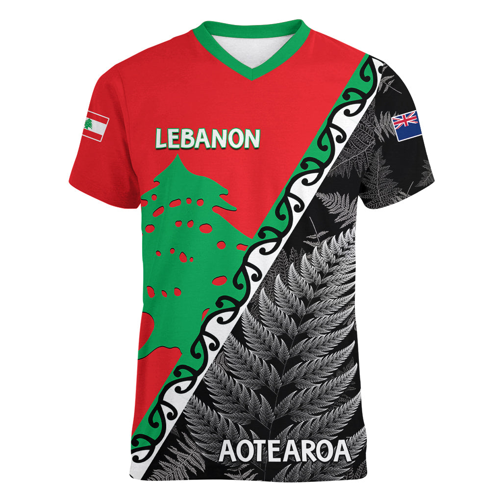 New Zealand And Lebanon Women V Neck T Shirt Silver Fern Maori With Cedar Tree Together LT14 Female Red - Polynesian Pride