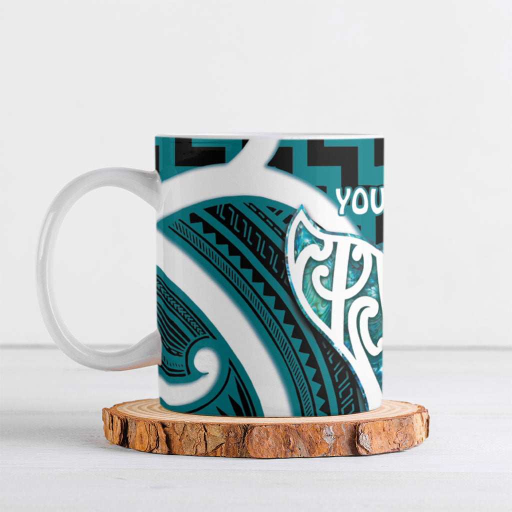 Aotearoa Atua Tangaroa Personalised Ceramic Mug God Of The Sea Maori Whale Tail Cyan