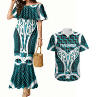 Aotearoa Atua Tangaroa Personalised Couples Matching Mermaid Dress and Hawaiian Shirt God Of The Sea Maori Whale Tail Cyan