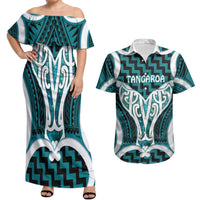Aotearoa Atua Tangaroa Personalised Couples Matching Off Shoulder Maxi Dress and Hawaiian Shirt God Of The Sea Maori Whale Tail Cyan