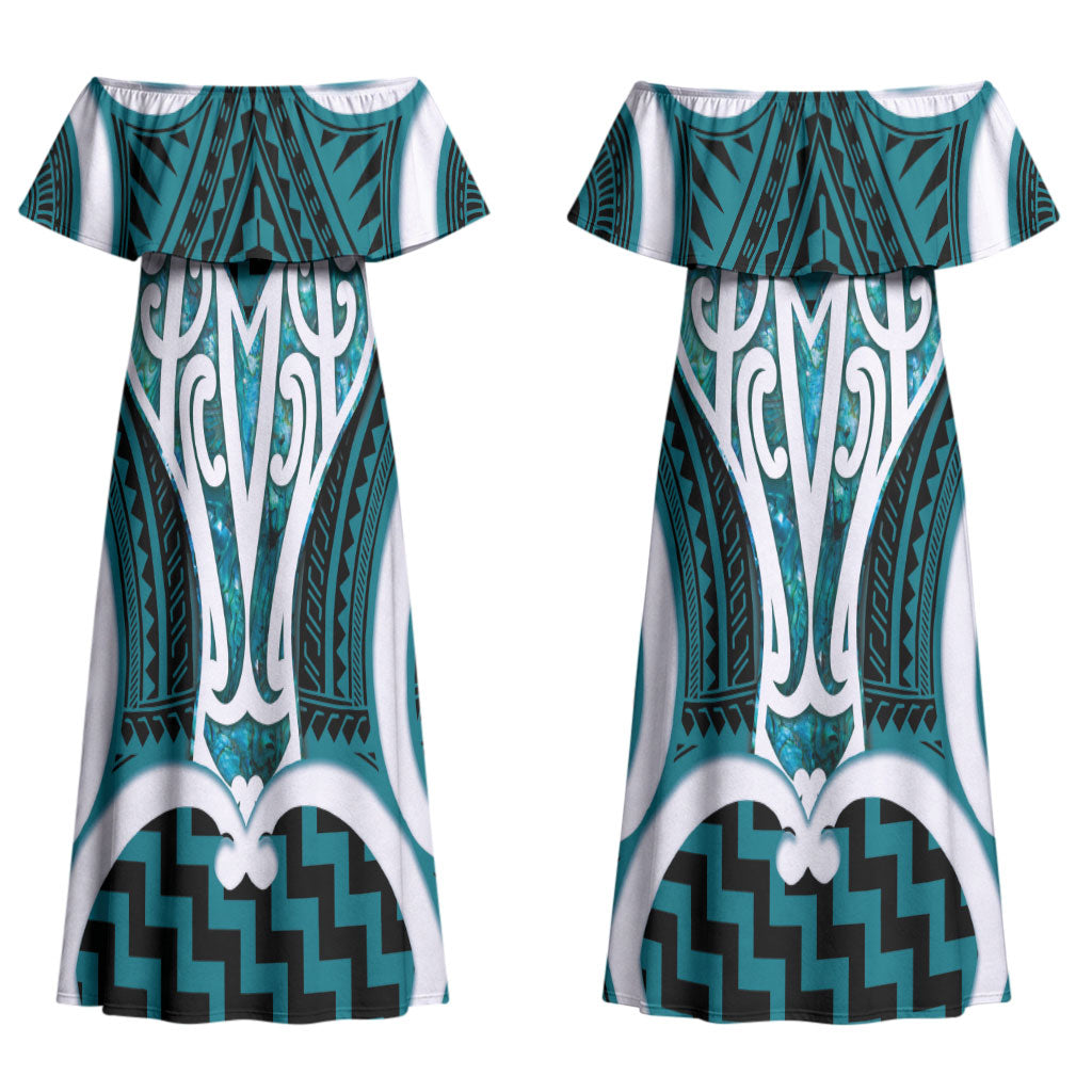 Aotearoa Atua Tangaroa Personalised Couples Matching Off Shoulder Maxi Dress and Long Sleeve Button Shirt God Of The Sea Maori Whale Tail Cyan